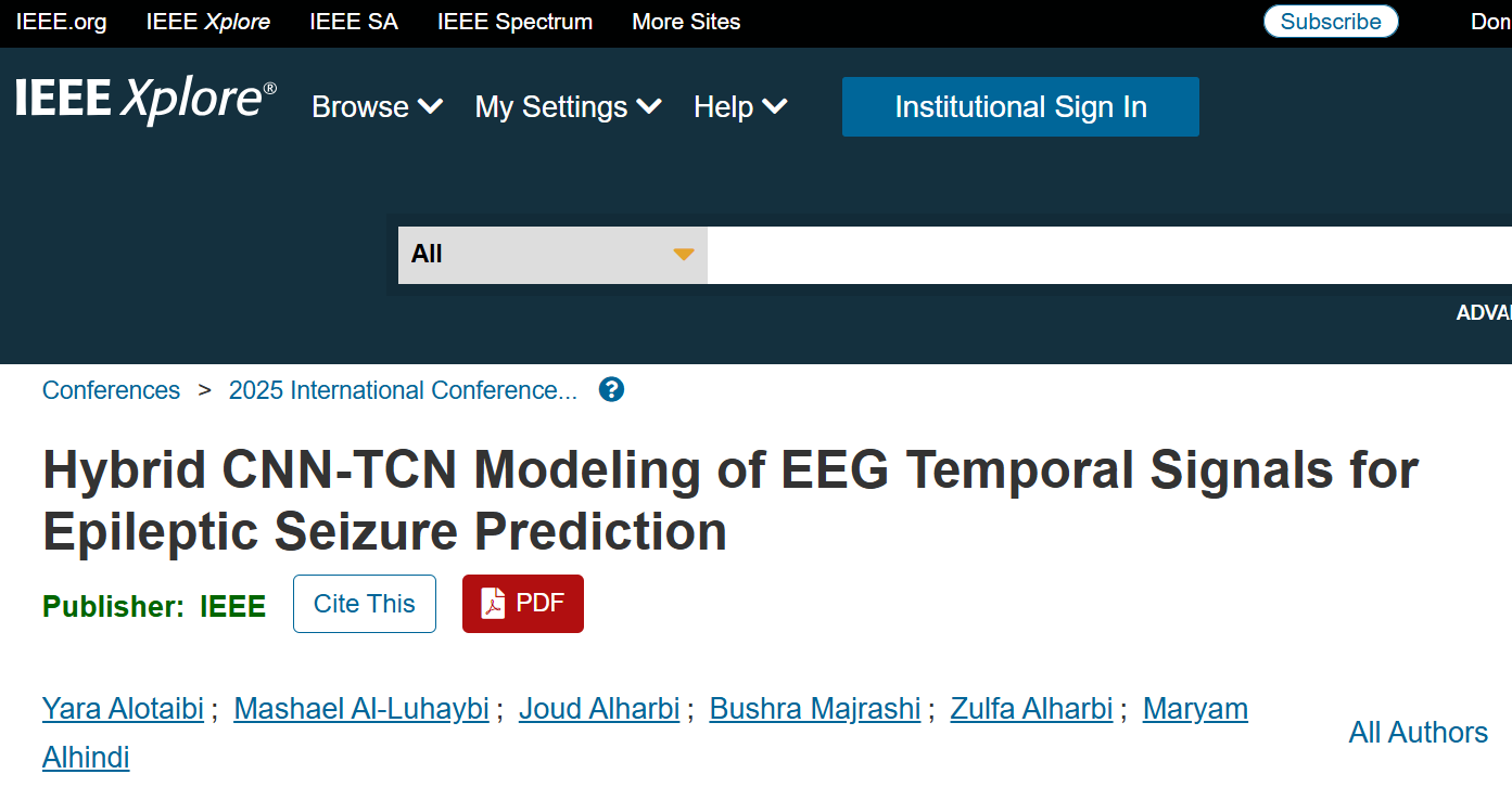 IEEE AMLDS 2025 conference paper cover page titled Hybrid CNN-TCN Modeling of EEG Temporal Signals for Epileptic Seizure Prediction, presented in Tokyo, July 2025, authored by Yara Alotaibi